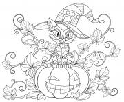 Printable halloween pumpkin vine cat hat coloring pages
