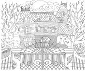 Printable halloween spooky haunted house intricate pattern coloring pages