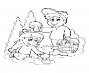 Printable fall boy girl foraging for mushrooms coloring pages