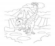 Printable dinosaur feathered velociraptor near volcano coloring pages