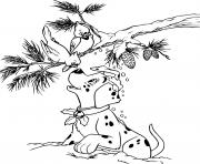 Printable Dalmatian puppy greeting birds coloring pages